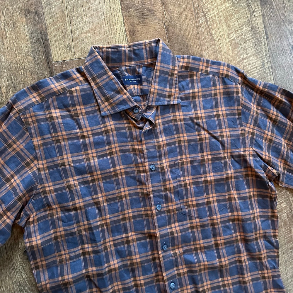 Men's Proper Cloth Blue Orange Plaid Linen Casual Button Down Shirt M